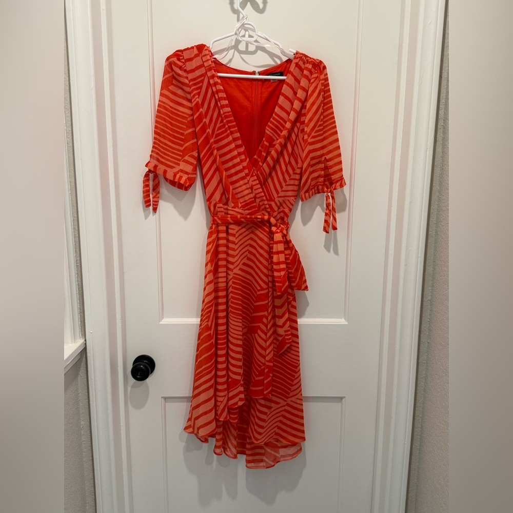 Women's Orange Striped Wrap Dress with Tie Waist